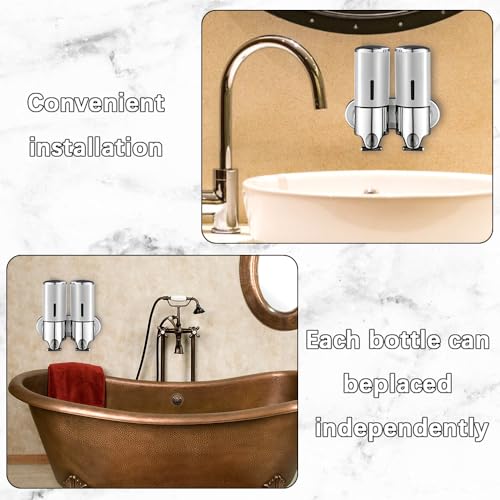 prosfalt 2 Chamber Wall Mounted Bathroom Shower Pump Dispenser and Organizer-Holds Shampoo, Soap, Conditioner, Shower Gel, for Bathroom Kitchen Hotel (Silver 2 Chamber) - Image 2