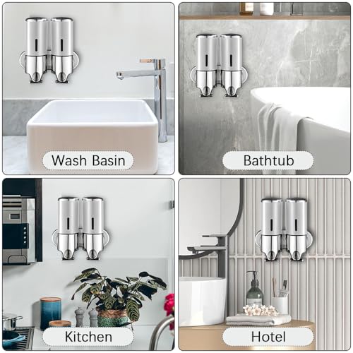 prosfalt 2 Chamber Wall Mounted Bathroom Shower Pump Dispenser and Organizer-Holds Shampoo, Soap, Conditioner, Shower Gel, for Bathroom Kitchen Hotel (Silver 2 Chamber) - Image 4
