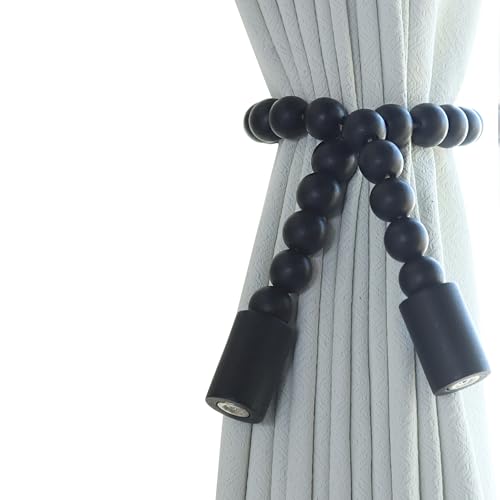 Meplait 2 Pack Magnetic Curtain Tiebacks, Wooden Bead Curtain Holdbacks Adjustable Decorative Tie Backs for Living Room, Bedroom, Nursery Decor (2, Black) - Image 1