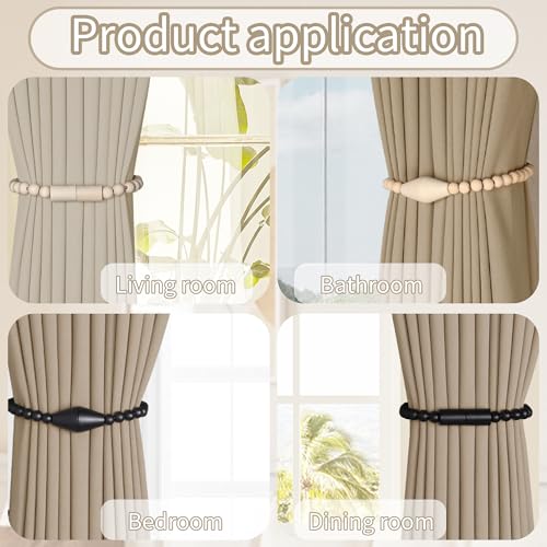 Meplait 2 Pack Magnetic Curtain Tiebacks, Wooden Bead Curtain Holdbacks Adjustable Decorative Tie Backs for Living Room, Bedroom, Nursery Decor (2, Black) - Image 4