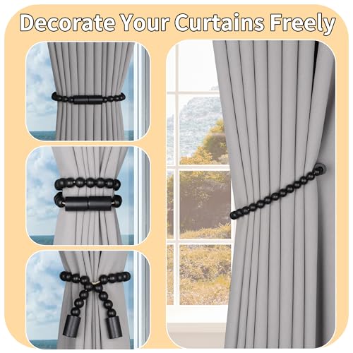 Meplait 2 Pack Magnetic Curtain Tiebacks, Wooden Bead Curtain Holdbacks Adjustable Decorative Tie Backs for Living Room, Bedroom, Nursery Decor (2, Black) - Image 5