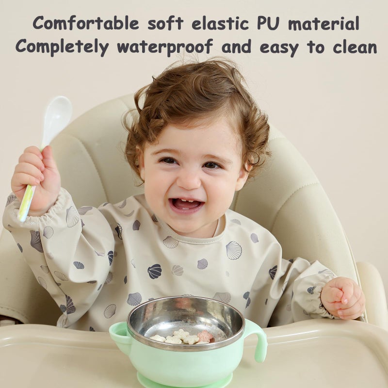 PewinGo Baby Bib with Long Sleeves Bib & BLW, Machine Washable & Soft and Skin-Friendly Material, Coverall Bibs for Baby Feeding, Waterproof and Easy to Clean, for Baby Infant Toddlers (Beige) - Image 3