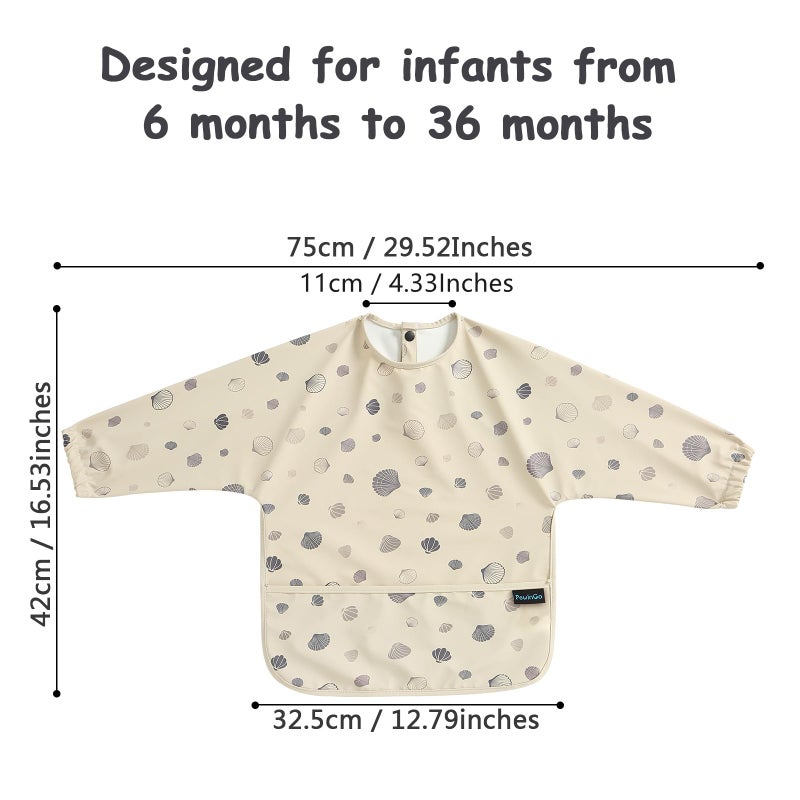 PewinGo Baby Bib with Long Sleeves Bib & BLW, Machine Washable & Soft and Skin-Friendly Material, Coverall Bibs for Baby Feeding, Waterproof and Easy to Clean, for Baby Infant Toddlers (Beige) - Image 2