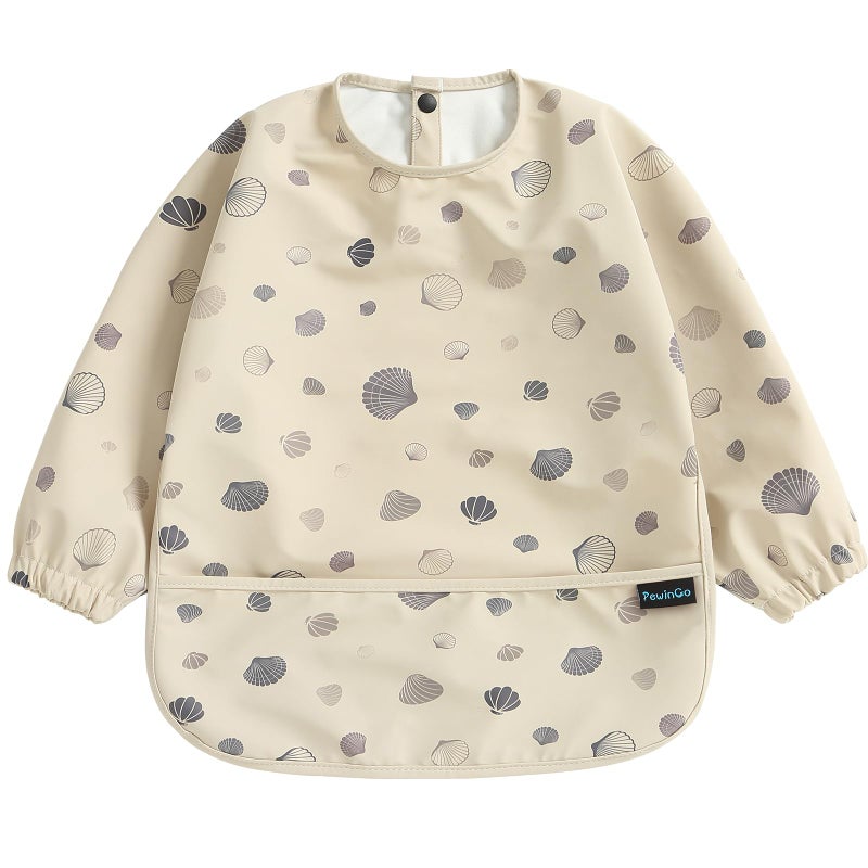 PewinGo Baby Bib with Long Sleeves Bib & BLW, Machine Washable & Soft and Skin-Friendly Material, Coverall Bibs for Baby Feeding, Waterproof and Easy to Clean, for Baby Infant Toddlers (Beige) - Image 1