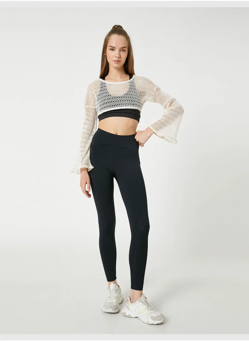 KOTON Crew Neck Long Sleeve Mesh Crop Sport T-Shirt