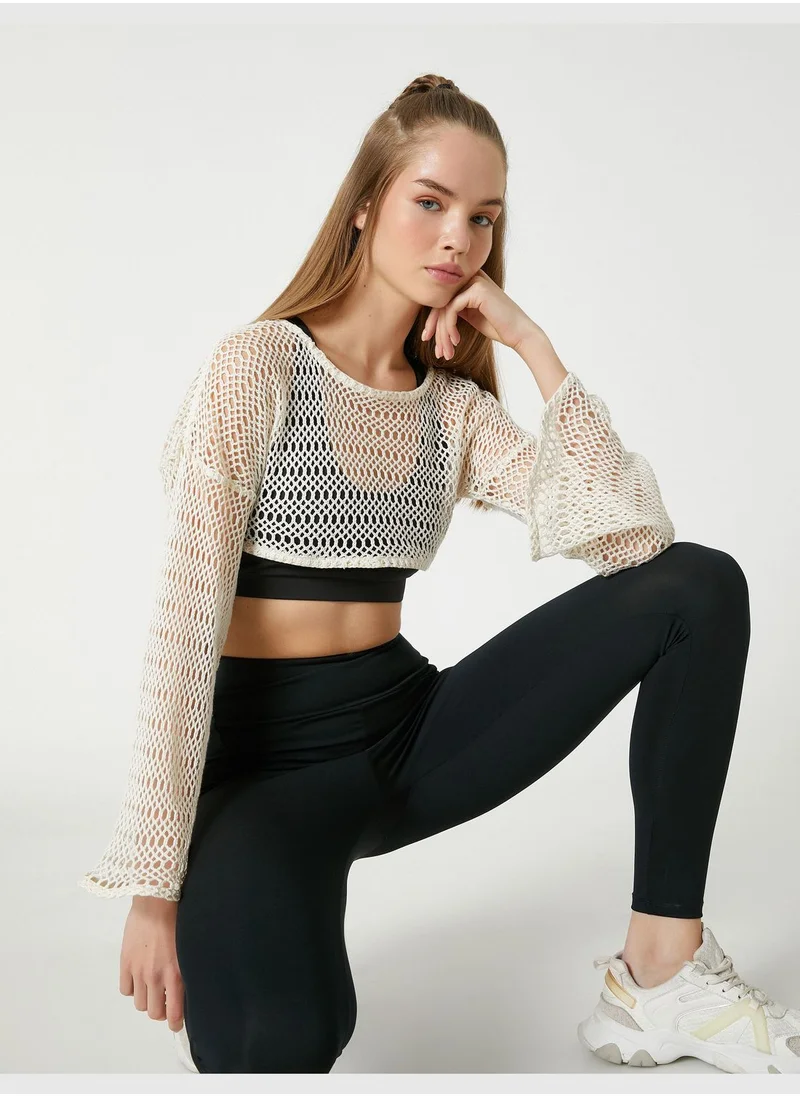 كوتون Crew Neck Long Sleeve Mesh Crop Sport T-Shirt