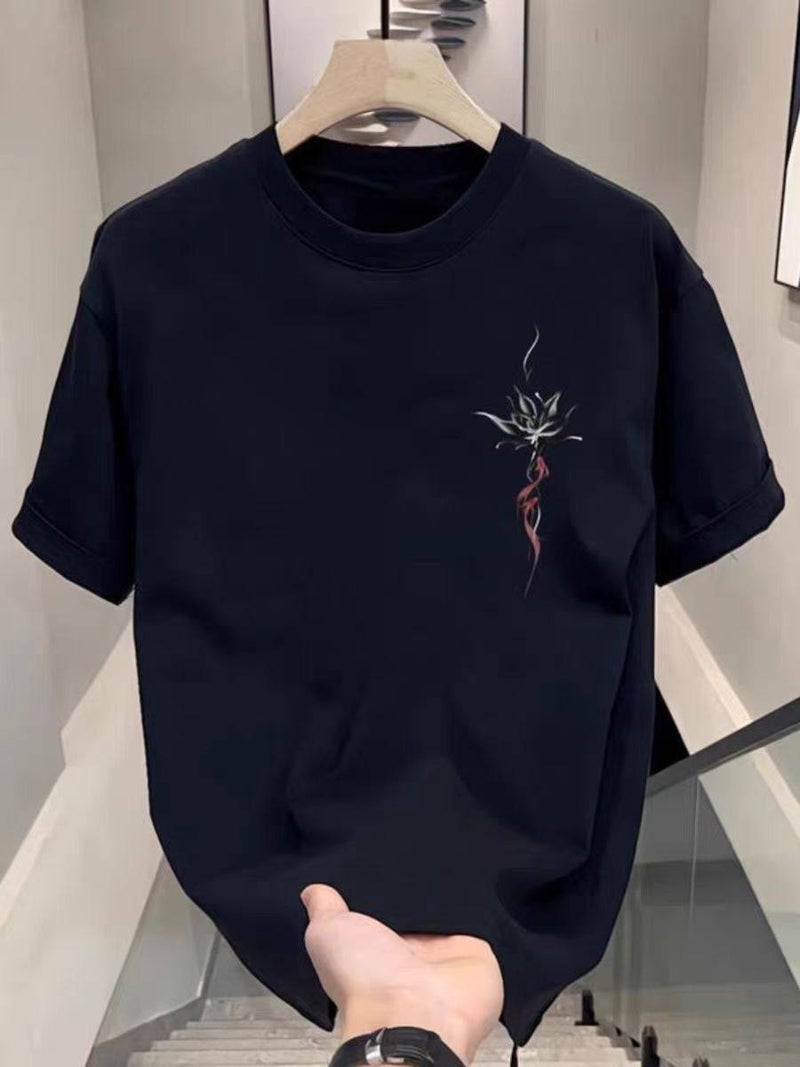 American style ruffian handsome heavyweight summer national trend short-sleeved men's T-shirt lotus fashion brand loose round neck personality top T-shirt - Image 3