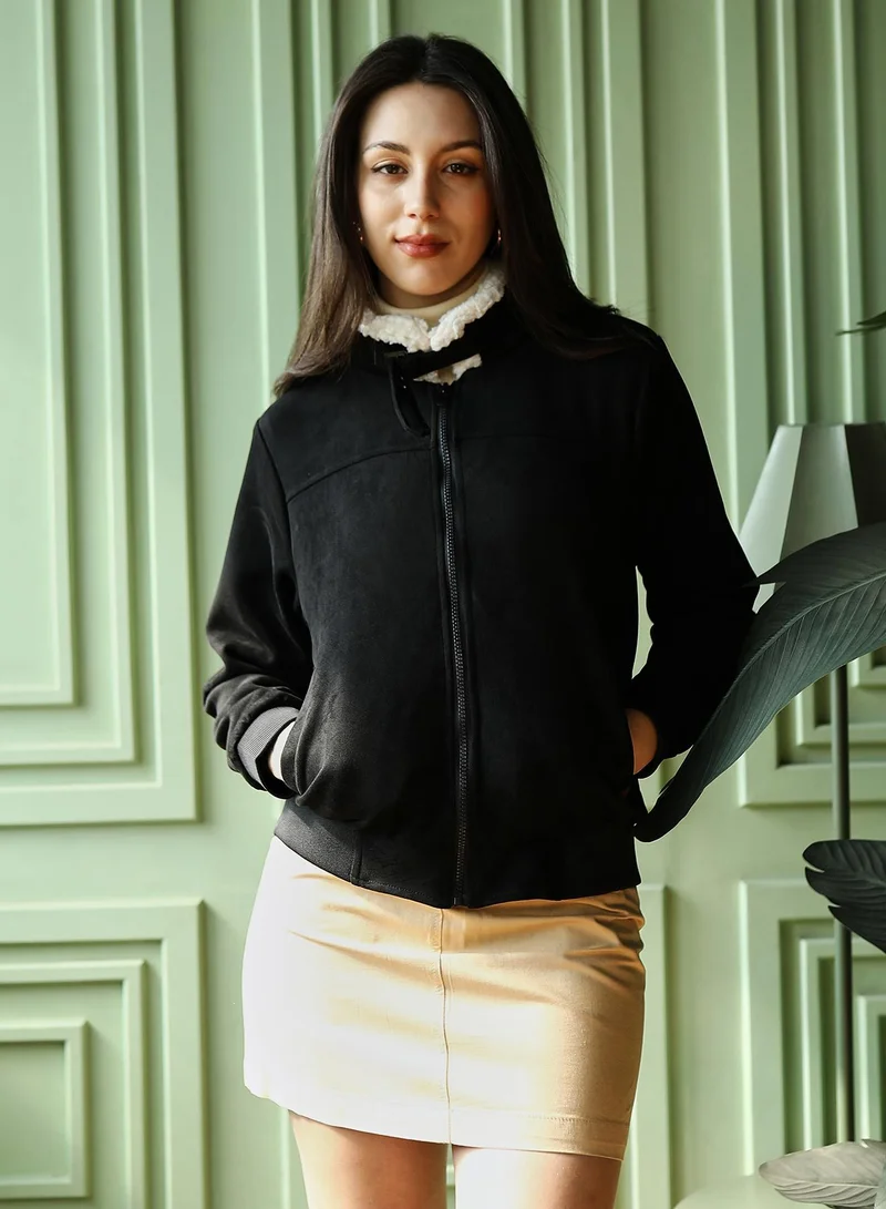 Campus Sutra Women's Contrast Sherpa-Lined Suede Bomber Jacket | Point Collar , Long Ribbed-Cuff Sleeves, Zipper  Closure | Solid Textured Woven Jacket For Casual & Daily Wear | Obsidian Black