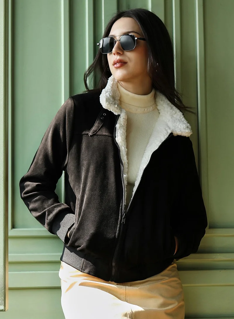 Campus Sutra Women's Contrast Sherpa-Lined Suede Bomber Jacket | Point Collar , Long Ribbed-Cuff Sleeves, Zipper  Closure | Solid Textured Woven Jacket For Casual & Daily Wear | Obsidian Black