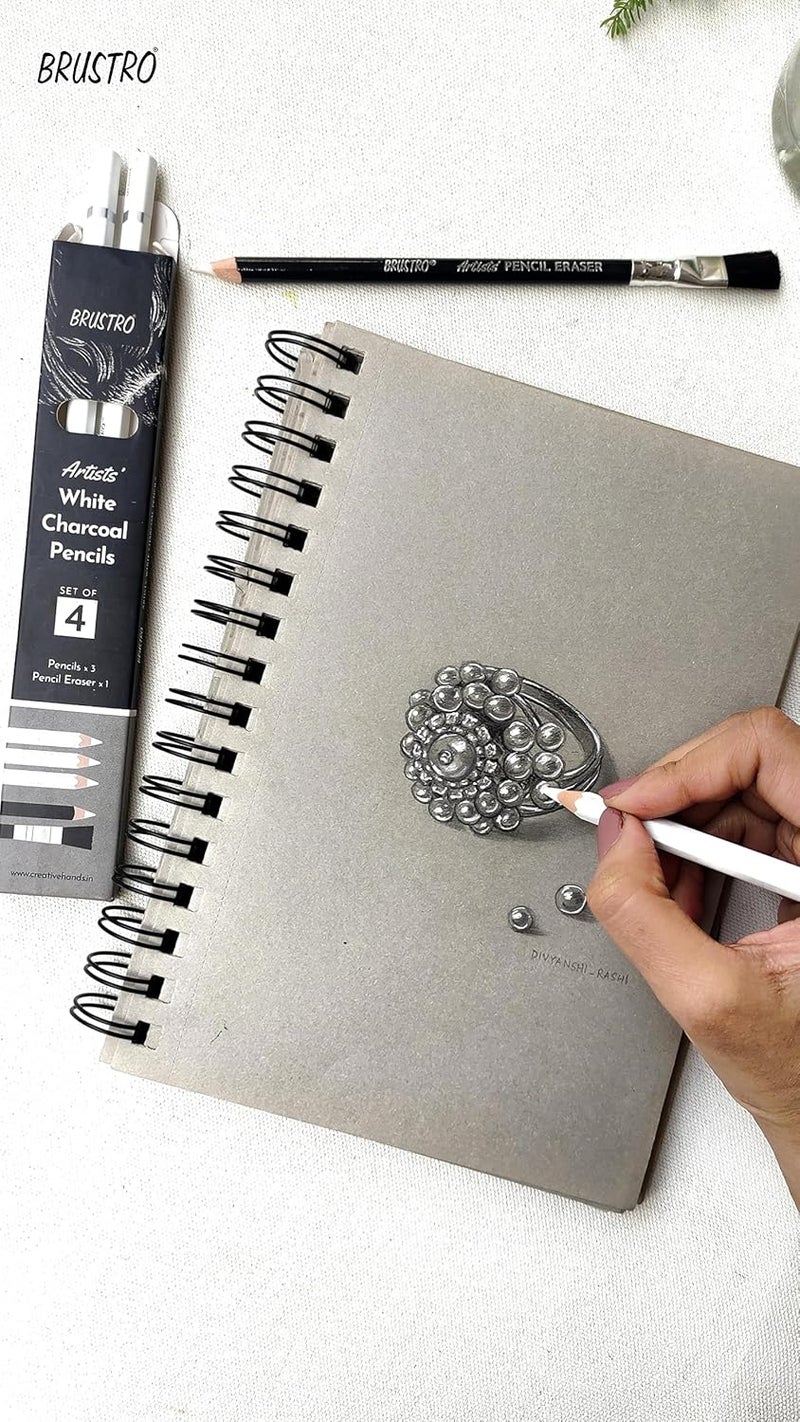 BRUSTRO BRUSTRO Artists White Charcoal Pencil Set 5mm Set of 3 1 Pencil Eraser Ideal for StudentsAdults SchoolOffice use Charcoal works Sketching Shading Blending Drawing Art Craft Nontoxic  - Image 5