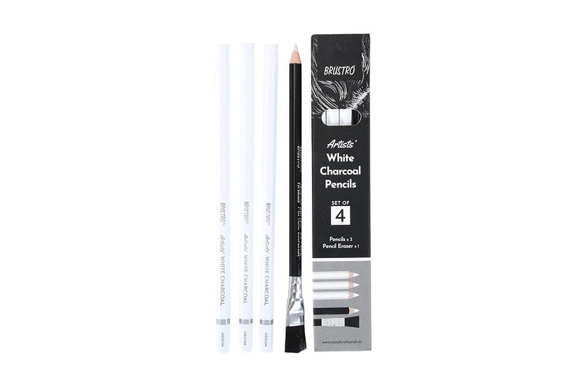BRUSTRO BRUSTRO Artists White Charcoal Pencil Set 5mm Set of 3 1 Pencil Eraser Ideal for StudentsAdults SchoolOffice use Charcoal works Sketching Shading Blending Drawing Art Craft Nontoxic  - Image 1