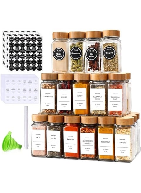 24 Pcs Spice Jars with Labels - 4 oz Glass Spice Jars with Bamboo Lids, 348 Labels Stickers, Shaker Lids, Collapsible Funnel, 1 Pens, Seasoning Storage Bottles for Spice Rack, Cabinet, Drawer