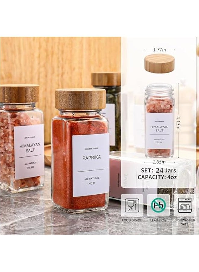 24 Pcs Spice Jars with Labels - 4 oz Glass Spice Jars with Bamboo Lids, 348 Labels Stickers, Shaker Lids, Collapsible Funnel, 1 Pens, Seasoning Storage Bottles for Spice Rack, Cabinet, Drawer