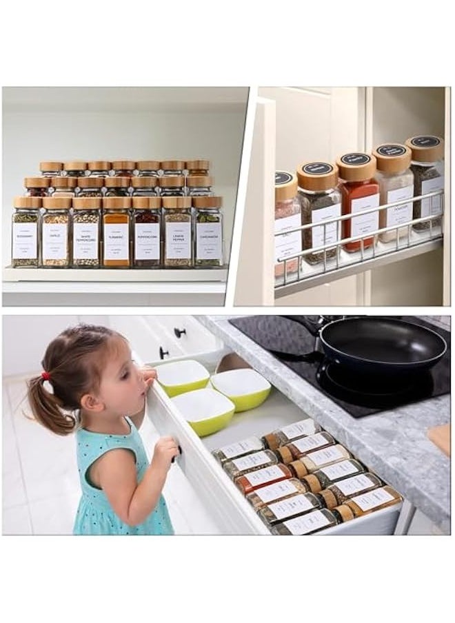 24 Pcs Spice Jars with Labels - 4 oz Glass Spice Jars with Bamboo Lids, 348 Labels Stickers, Shaker Lids, Collapsible Funnel, 1 Pens, Seasoning Storage Bottles for Spice Rack, Cabinet, Drawer