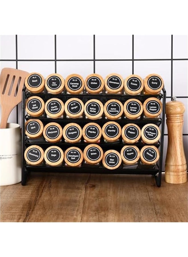 24 Pcs Spice Jars with Labels - 4 oz Glass Spice Jars with Bamboo Lids, 348 Labels Stickers, Shaker Lids, Collapsible Funnel, 1 Pens, Seasoning Storage Bottles for Spice Rack, Cabinet, Drawer