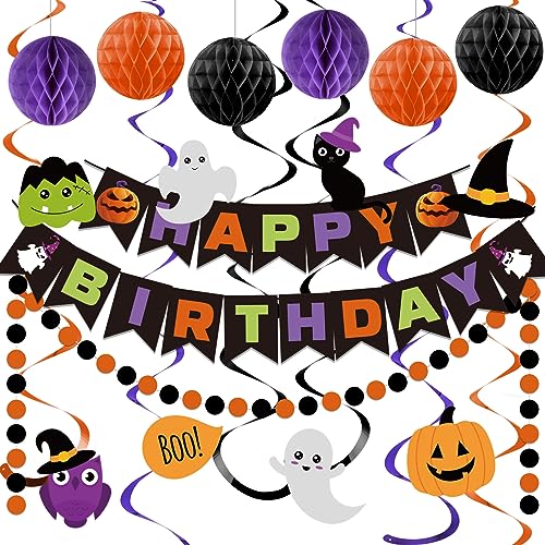meowtastic Halloween Birthday Decorations Happy Birthday Banner with Honeycomb Ball Halloween Hanging Swirl Streamer Circle Dot Garland Decorations Halloween theme Birthday Party Decoration - Image 1