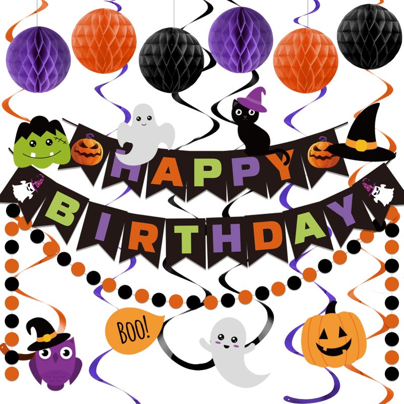 meowtastic Halloween Birthday Decorations Happy Birthday Banner with Honeycomb Ball Halloween Hanging Swirl Streamer Circle Dot Garland Decorations Halloween theme Birthday Party Decoration - Image 2