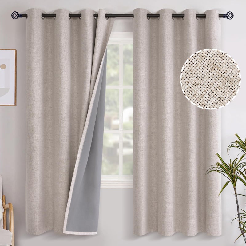 YoungsTex 72 Inches Long Linen 100% Blackout Curtains for Bedroom, Beige Thermal Insulated Drapes with Grommet Room Darkening for Farmhouse Bedroom Window, 2 Panels, 52 X 72 Inch - Image 1