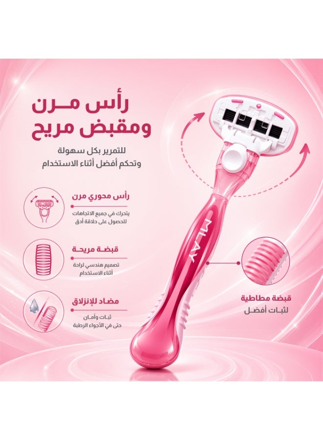 MLAY 5-blade ultra-smooth razor - ergonomic handle with 3 heads pink - Image 3