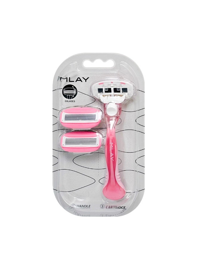 MLAY 5-blade ultra-smooth razor - ergonomic handle with 3 heads pink - Image 1
