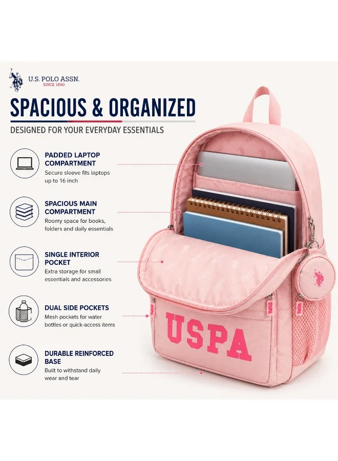 U.S. Polo Assn. POWDER PINK U.S. Polo Assn. Classic Blush Pink USPA Charm Backpack for School and Office MultiCompartment Bag for Campus  | Best Price UAE