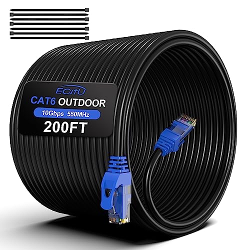 ecjtu 200FT Cat6 Outdoor Ethernet Cable, In-Ground, Heavy Duty Direct Burial, 24AWG CCA Patch Cord, POE, UTP, Waterproof, LLDPE UV Resistant, Network, Internet, LAN, Cat 6 Cable 200 Feet with 25 Cable Ties - Image 1