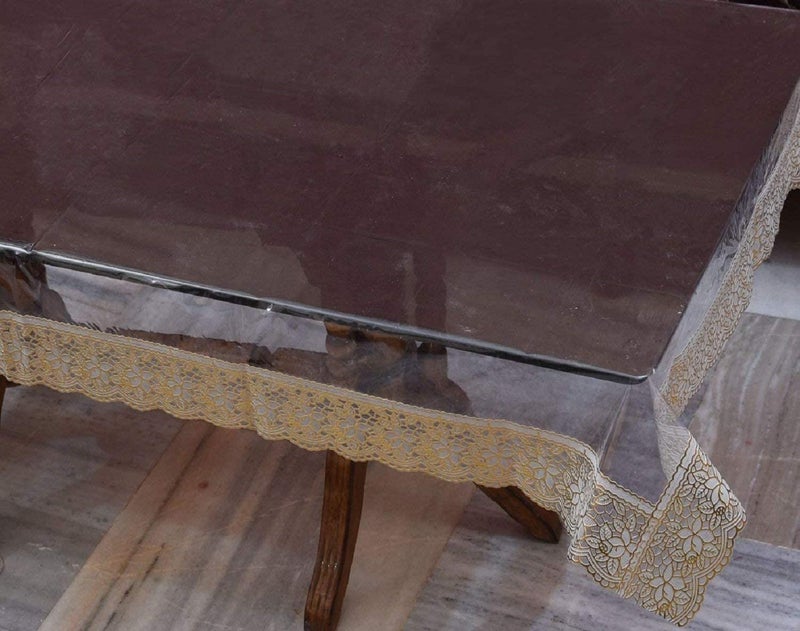 Kuber Industries PVC Transparent Table Cover 6 Seater|Table Protector Sheet|Waterproof and Dustproof|Gold Lace Transparent Table Cloth|Dining Table Cover|90x60 Inch| Gold, Rectangular - Image 3