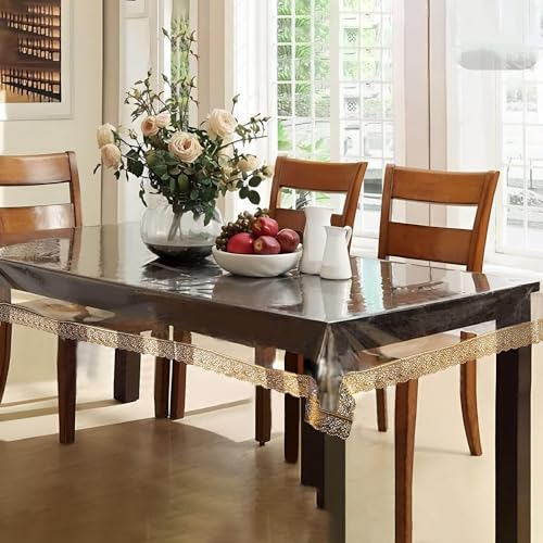 Kuber Industries PVC Transparent Table Cover 6 Seater|Table Protector Sheet|Waterproof and Dustproof|Gold Lace Transparent Table Cloth|Dining Table Cover|90x60 Inch| Gold, Rectangular - Image 1