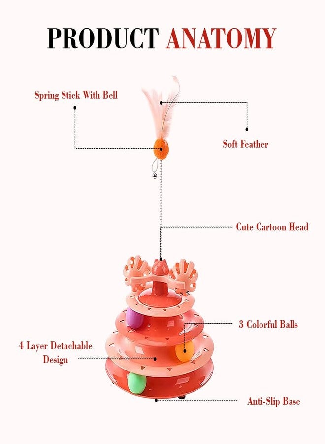 PET FUN لعبة برج المسارات التفاعلية من بيت فن للقطط والقطط الصغيرة - قرص دوار من الريش بثلاث طبقات مع كرات ملونة | لعبة ألغاز لتمارين العقل والجسم لوقت اللعب - Image 4