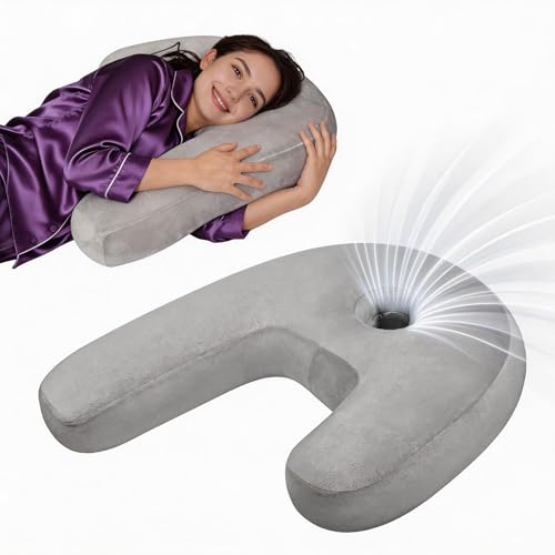 Nockovi J-Shaped Ear Piercing Pillow, 20x26 Inch, Side Sleeper Bed Pillow with 4” Ear Hole, Ergonomic Neck & Shoulder Contour, Velvet or Air-Mesh Cover - Image 1