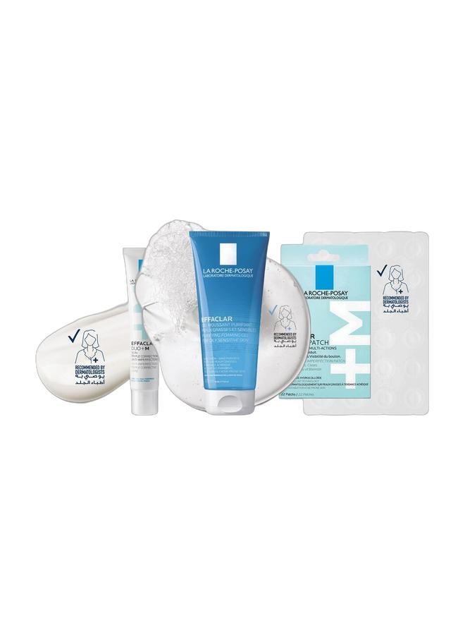 LA ROCHE-POSAY Effaclar Purifying Foaming Gel 200Ml Cleanser; Acne Face Wash For Women/Men; Dermatologically-Tested Skincare Treatment For Oily & Sensitive Skin 200ml & Effaclar Effaclar Duo+M 3H Invisible Pimple Patch Spot Treatment For Acne-Prone Skin, 22 patches per pack. & Effaclar Duo+M Acne Treatment Cream For Oily, Sensitive And Acne-Prone Skin; Corrects Blackheads, Blemishes, And Post-Acne Marks Skincare Spot Treatment 40ml Bundle - Image 1