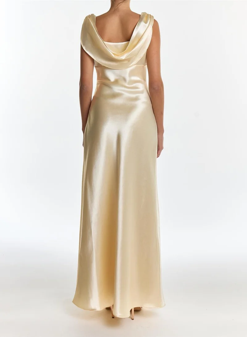 True Decadence Natalie Butter Yellow Cowl-Back Maxi Dress