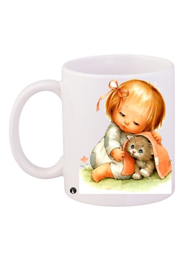 RYN Baby And Kitten Printed Coffee Mug White/Grey/Yellow 11ounce