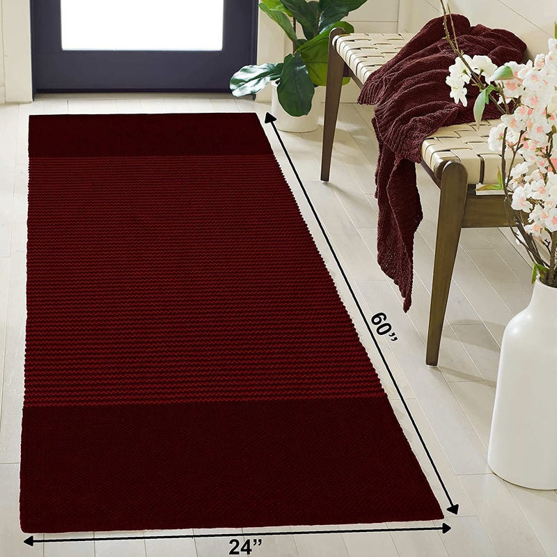 STONEMUNK Reversible Cotton Rectangular Floor Mat Carpet Rug Runner Bedside Runner for Bedroom, Bathroom, Kitchen Yoga & Home Machine Washable - (Wine Stripe, 2x5 Feet) - Image 1