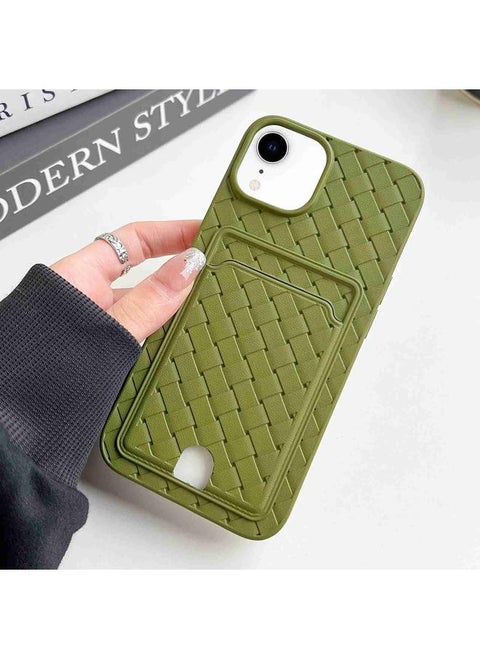 For iPhone XR Weave Texture Card Slot Skin Feel Phone Case with Push Card Hole(Olive Green)