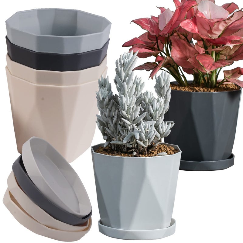 InmeRun Plant Pots Indoor Plastic Flower Pots Outdoor 5 inch Set of 6 Pack with Drainage Holes and Saucers for Garden Pots (5 in 6 pcs) - Image 1