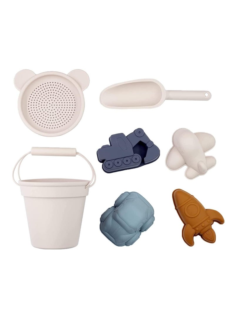 Barakah Silicone Beach Toys Beach Accessories for Kids, 7 Piece Beach and Snow Toys Set with Silicone Bucket, Shovel, and Molds,Toddler Outdoor Playset Beige - Image 1