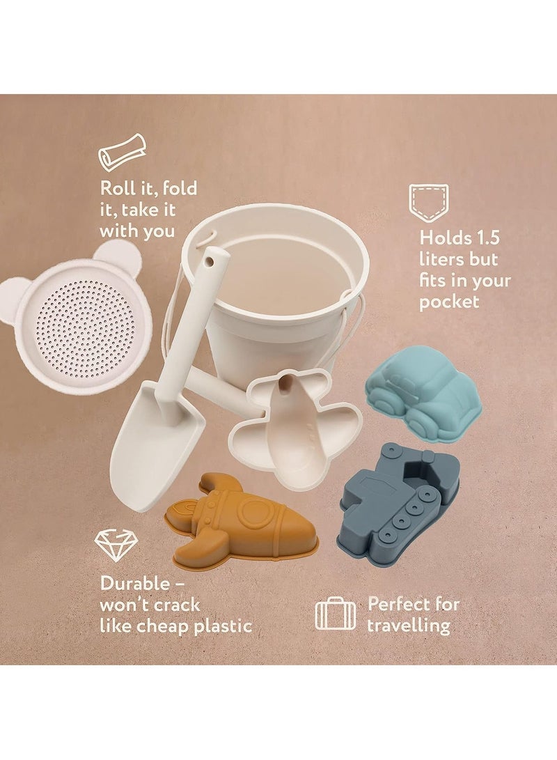 Barakah Silicone Beach Toys Beach Accessories for Kids, 7 Piece Beach and Snow Toys Set with Silicone Bucket, Shovel, and Molds,Toddler Outdoor Playset Beige - Image 5