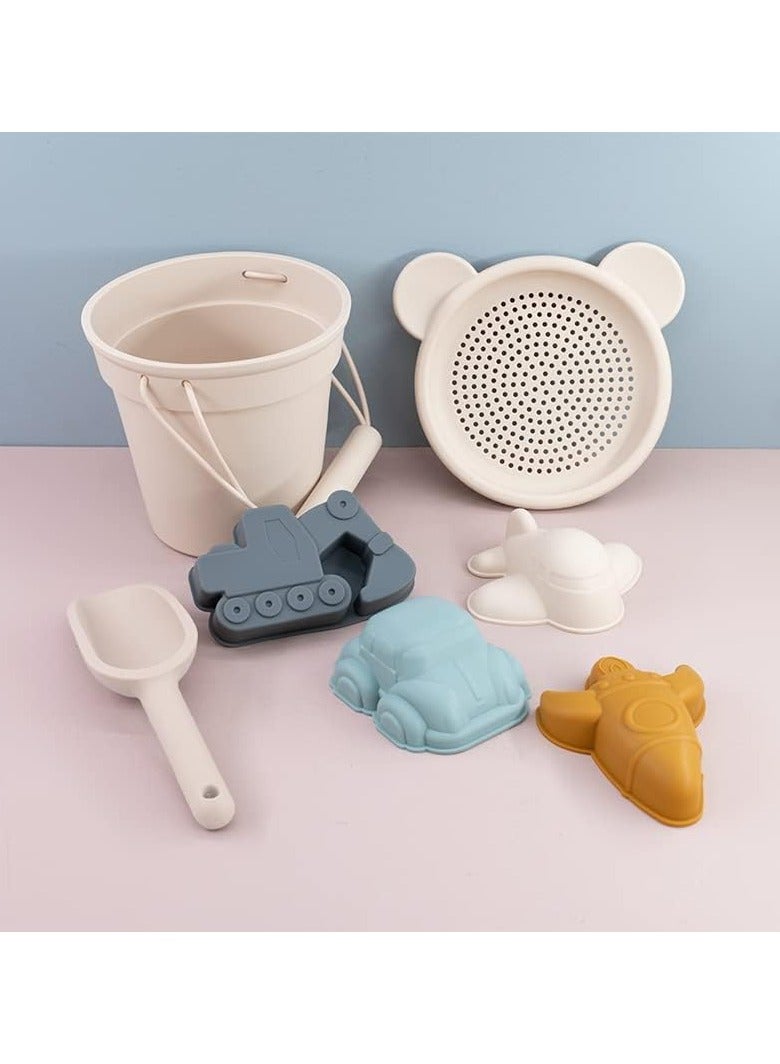 Barakah Silicone Beach Toys Beach Accessories for Kids, 7 Piece Beach and Snow Toys Set with Silicone Bucket, Shovel, and Molds,Toddler Outdoor Playset Beige - Image 2
