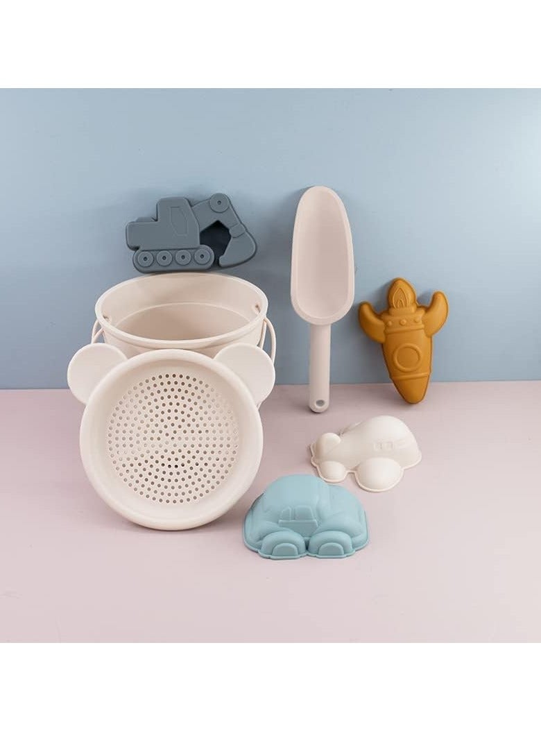 Barakah Silicone Beach Toys Beach Accessories for Kids, 7 Piece Beach and Snow Toys Set with Silicone Bucket, Shovel, and Molds,Toddler Outdoor Playset Beige - Image 4