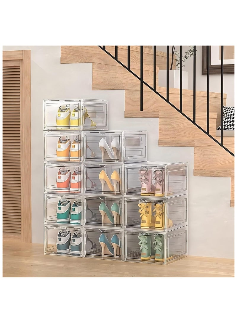 Shoe Rack Storage Boxes: 8-Piece Clear Plastic Stackable Shoe Organizer with Lids | Space Saving Design for Closet/Bedroom, Dustproof Containers (34.5x27x19cm) Women/Men