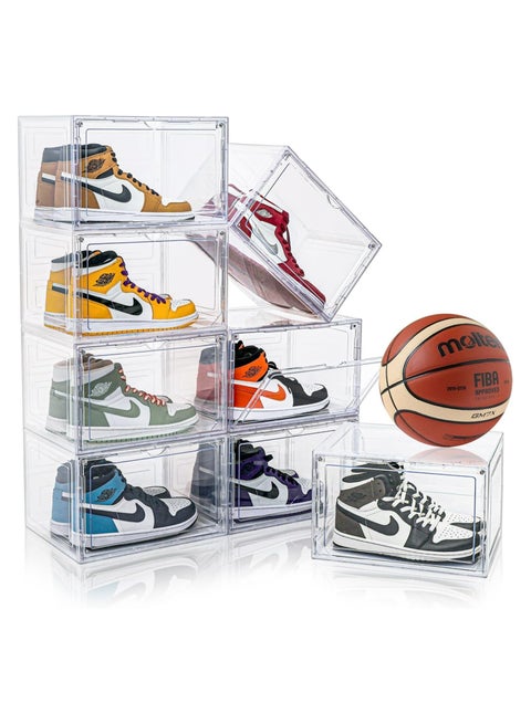 Shoe Rack Storage Boxes: 8-Piece Clear Plastic Stackable Shoe Organizer with Lids | Space Saving Design for Closet/Bedroom, Dustproof Containers (34.5x27x19cm) Women/Men