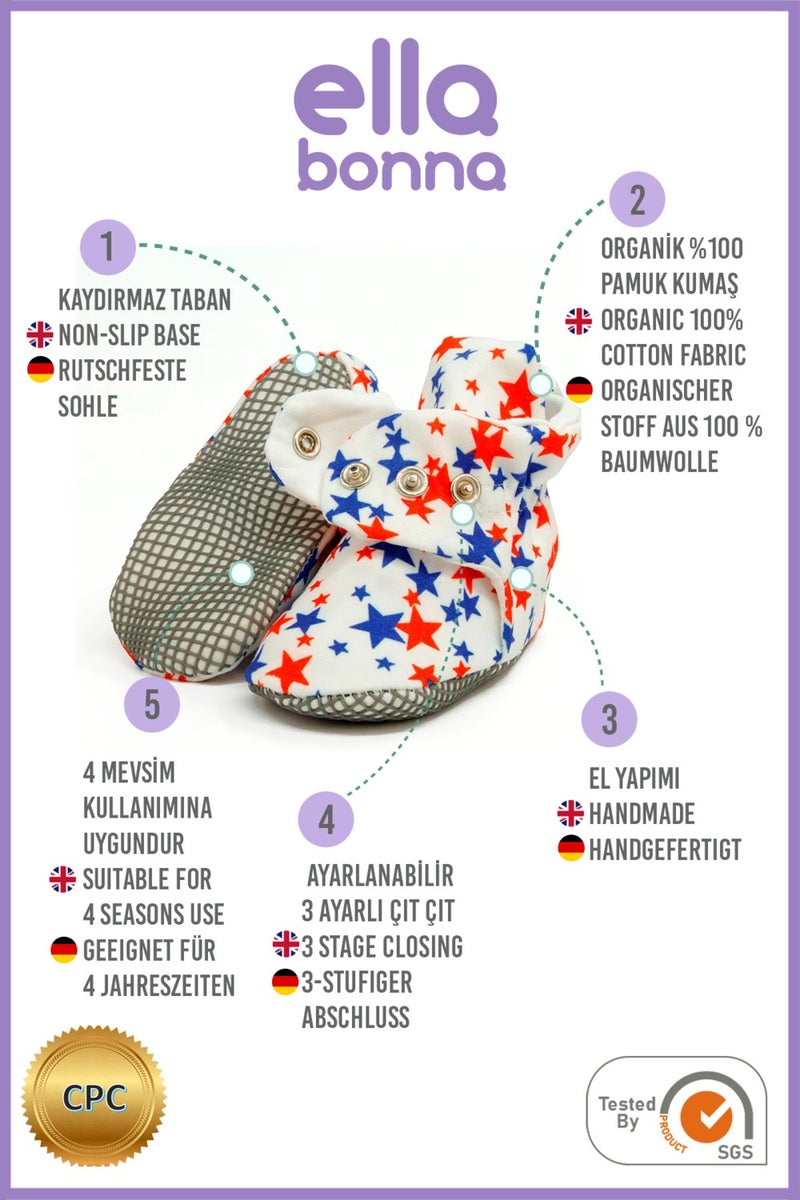 Ella Bonna Organic Cotton Baby Slippers, Non-Slip Sole, Newborn Booties, Home Nursery Shoes, Stars  - Image 4