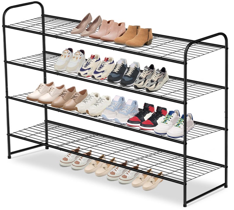 AOODA 4 Tier Long Metal Shoe Rack for Closet Wide Stackable Shoe Storage Organizer for Entryway Bedroom Floor Holds 30 Pairs Men Sneakers Large Boot Shelf with Wire Grid Black