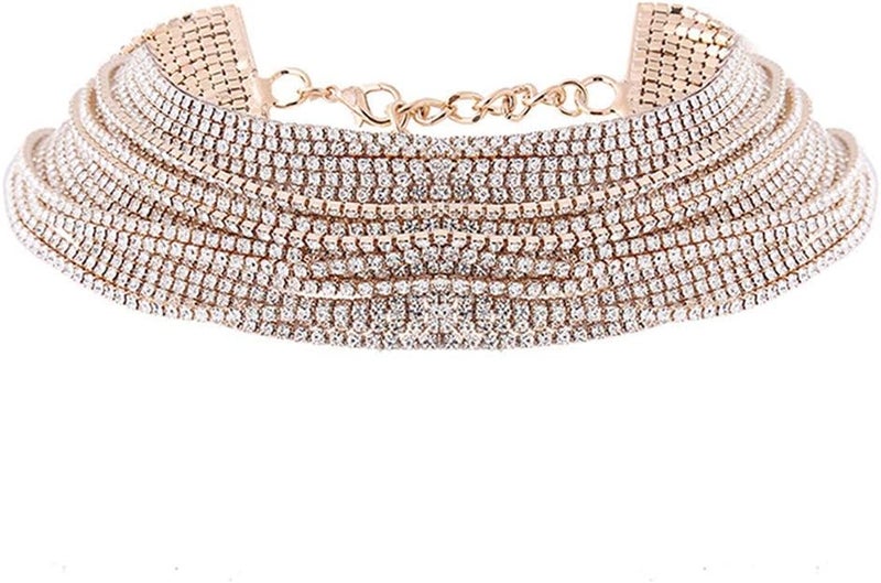 cheekyglo Bohemia Layered Choker Necklace Rhinestone Women Multi Layer Collar Short Necklace Wedding Bridal Party Prom Accessories,Gold - Image 1