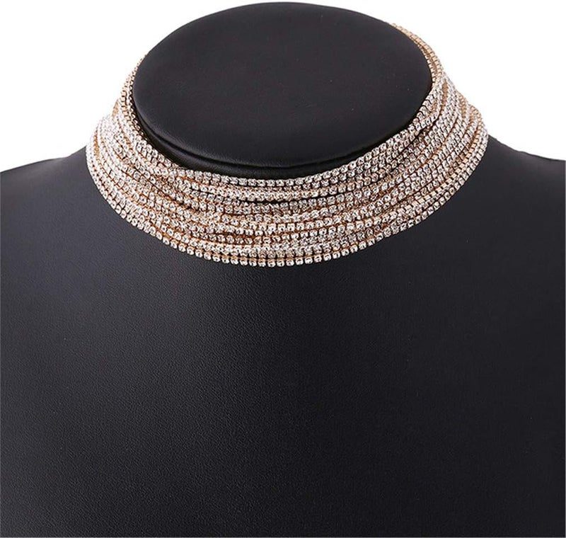 cheekyglo Bohemia Layered Choker Necklace Rhinestone Women Multi Layer Collar Short Necklace Wedding Bridal Party Prom Accessories,Gold - Image 2