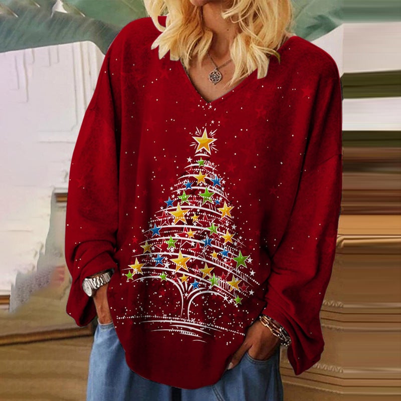 Wish 2021 Christmas Printed Loose V-Neck Pullover Long Sleeve T-Shirt - Image 1