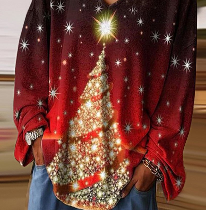 Wish 2021 Christmas Printed Loose V-Neck Pullover Long Sleeve T-Shirt - Image 4