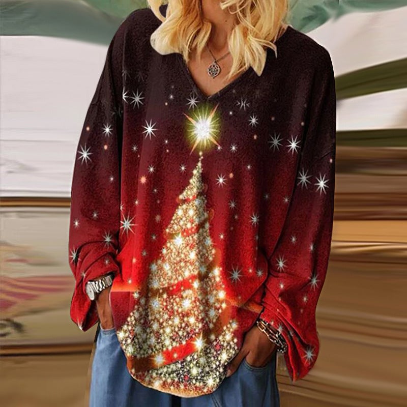 Wish 2021 Christmas Printed Loose V-Neck Pullover Long Sleeve T-Shirt - Image 3