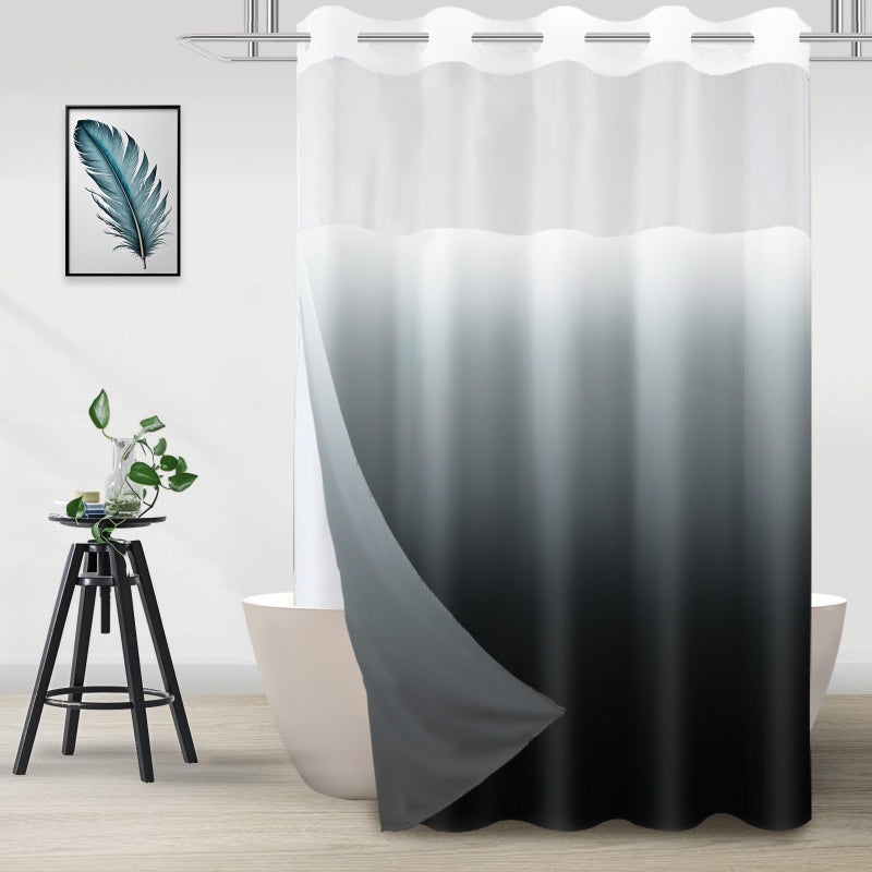 TWLSNCD No Hook Shower Curtain with Snap in Liner, Black and White Shower Curtains and Liner Set, Ombre Black Hotel Fabric Bath Curtain for Bathroom, Mesh Top Window Waterproof Washable, 71" x 74" - Image 1